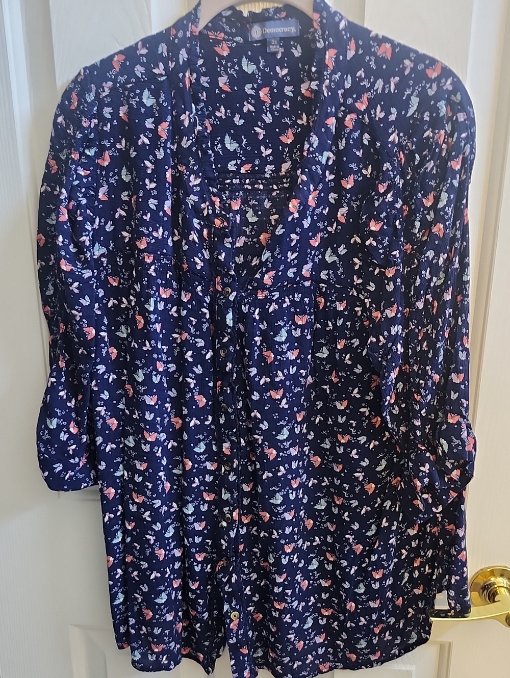 Democracy Navy Floral Button-Front Top with Coral and Mint Accents